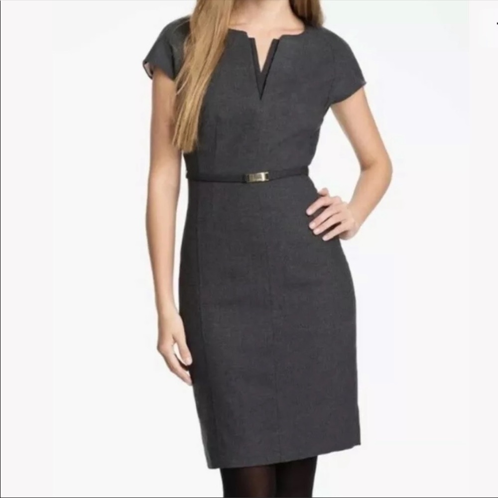 Ted Baker gray wool belted V neck dress